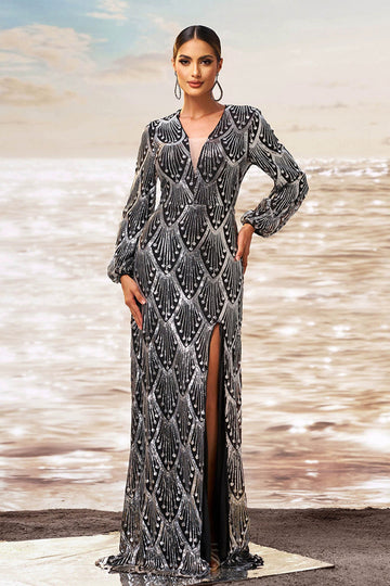 Noir Fourreau Argent Col V Manches Longues Robe Formelle Longue avec Fente